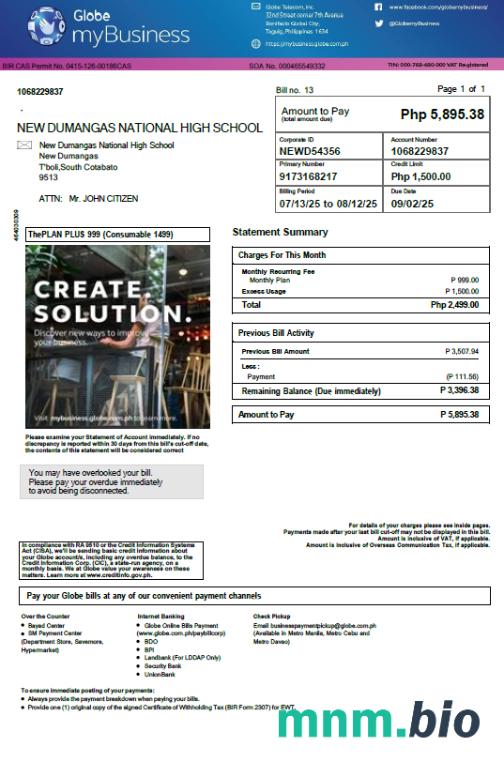 Filipiny Globe MyBusiness szablon rachunku za media w formatach Word i PDF